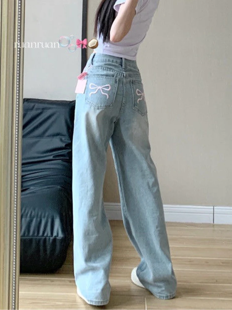 Korea Light Blue High Waist Wide Leg Jeans Casual Fashion Baggy Pantalones Embroidery Design Vaqueros Vintage Women Denim Pants