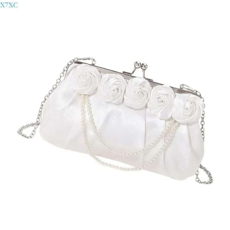 

X7XC Luxurious Dinner Clutch Bag with Pearls Chain for Women's Wedding Parties Rose Satins Handbag Purse with Chain Strap