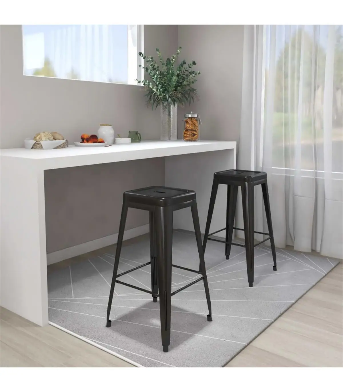 Stackable 2 PCs Black metal bar Stools Kitchen Stools