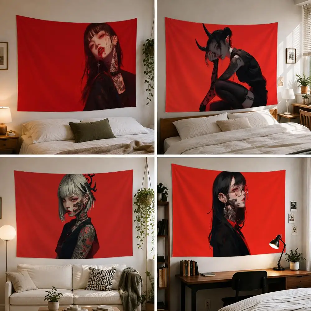 Anime Tattoo Girl Tapestry Custom Living Bedroom Party Dormitory Interior Wall Bohemian Decoration Attached Clip