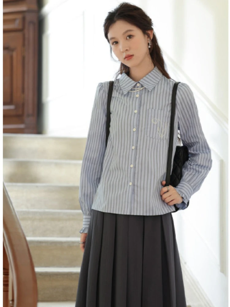 

ALXNAN Women's Blue Striped Shirt Autumn Lapel Office Lady Elegant Long Sleeve Cotton 100% Shirt Casual Female Blouses VLXN31206