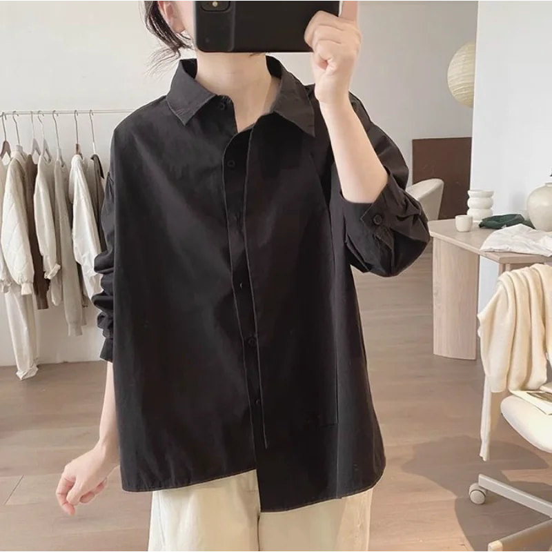 Katoenen shirt dames nieuwe lente herfst losse Koreaanse stijl eenvoudig ontwerp onregelmatige top
