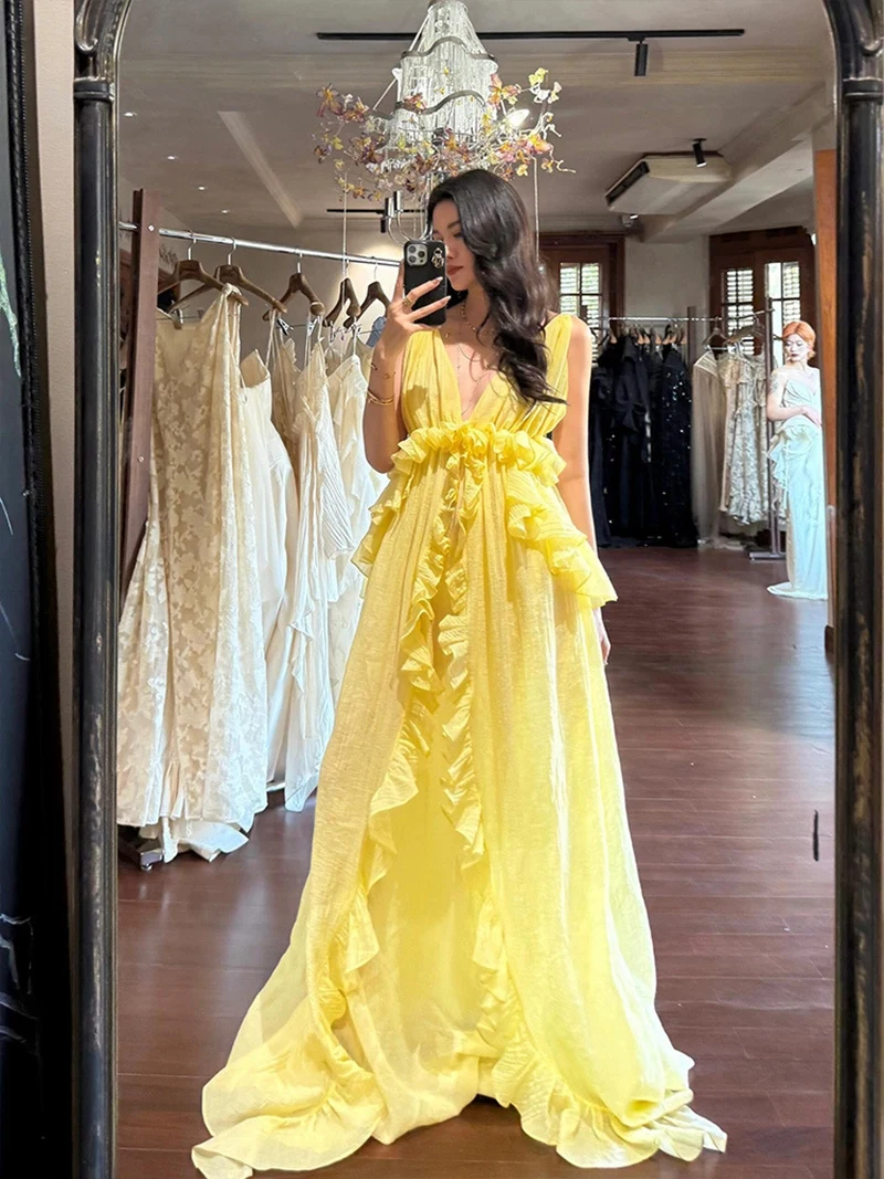 섹시한 노란색 휴가용 드레스 딥 V 백리스 생일 선물 부드러운 폴리에스터 여름 하이웨이스트 A라인 스커트 민소매 V넥 드레스