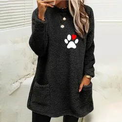 Jersey de cuello redondo para mujer, de manga larga Sudadera con capucha, cuello redondo, bolsillo bordado, estampado flocado en contraste, Tops sueltos informales, Otoño e Invierno