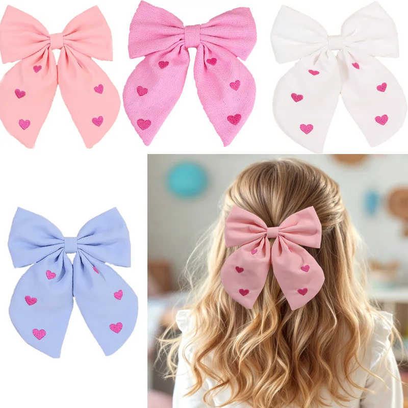 

24pcs Fable Bow Hair Clips for Girls Linen Cotton Heart Embroidered Barrettes Kids Bow Hairpins Bulk Hair Accessories