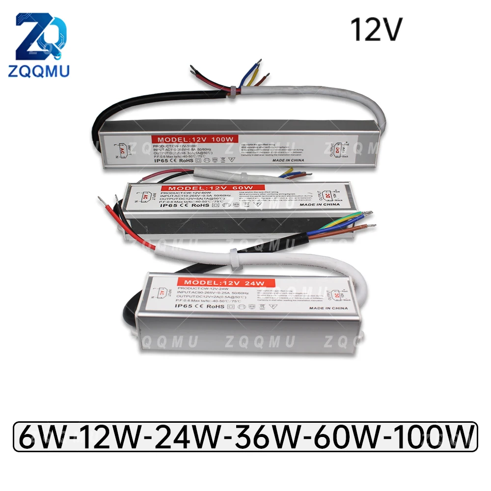 LED Transformer 12V IP67 Waterproof AC-DC Switching Driver 6W 12W 24W 36W 60W 100W for Outdoor Strip Light, Landscape Lighting