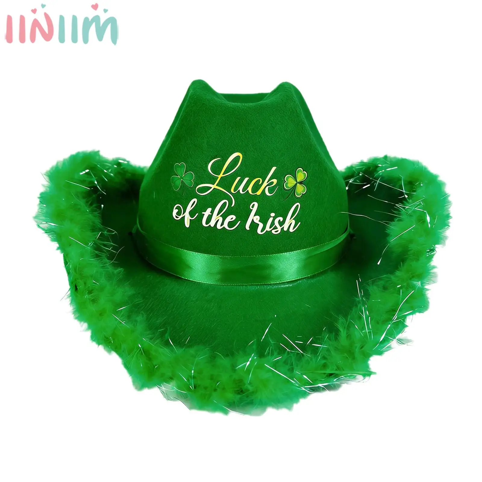 

Unisex St Patrick Day Cowboy Cowgirl Hat Irish Holiday Carnival Festival Party Headwear Vintage Plush Trim Shamrock Felt Cap