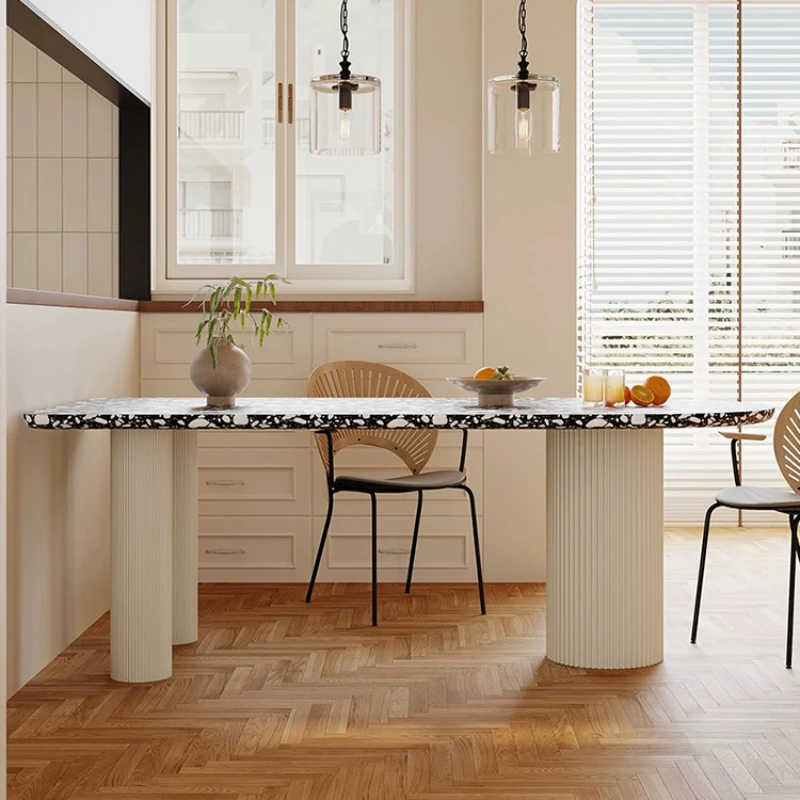 Vintage terrazzo dining table and flat arch design, simple marble rectangular chair set