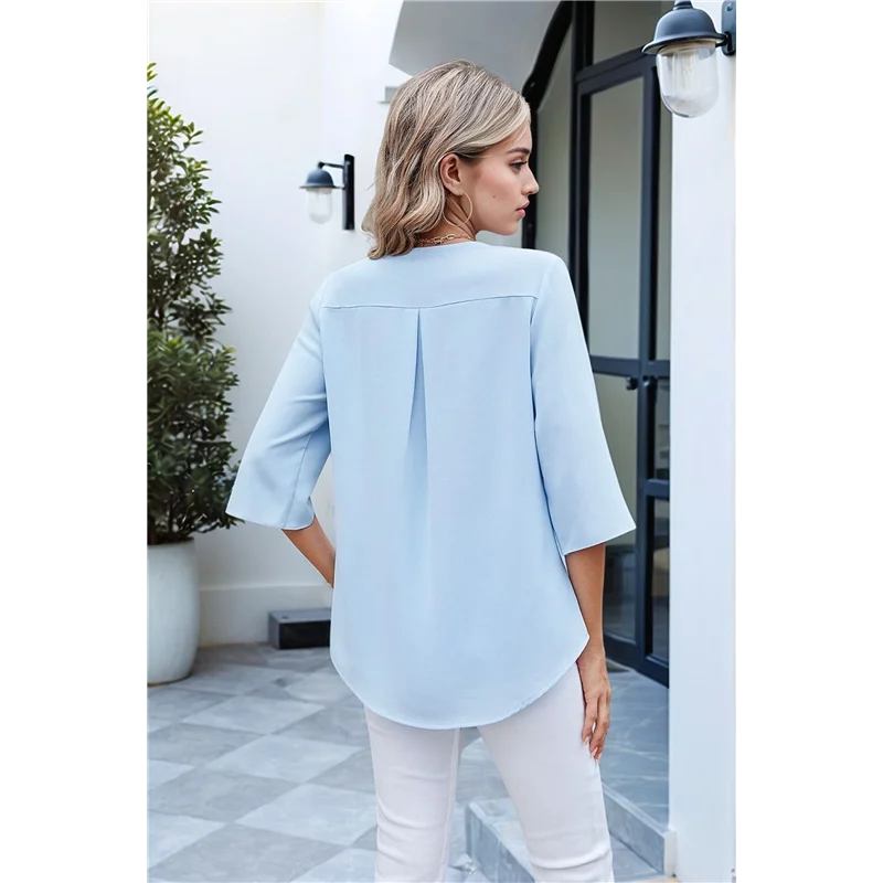 

Женские нарядные повседневные блузки с рукавами 3/4, топы с v-образным вырезом и рюшами, деловая женская модная рабочая рубашка на лето 2025 г.