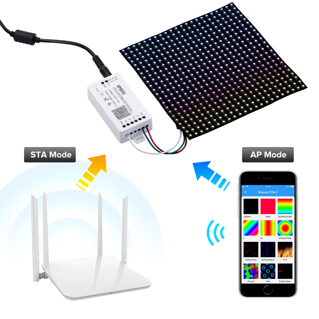 SP801E Controller LED art-net WiFi per modulo pannello a matrice LED striscia luminosa a LED controllo App iOS/Android modalità AP/modalità STA DC5V