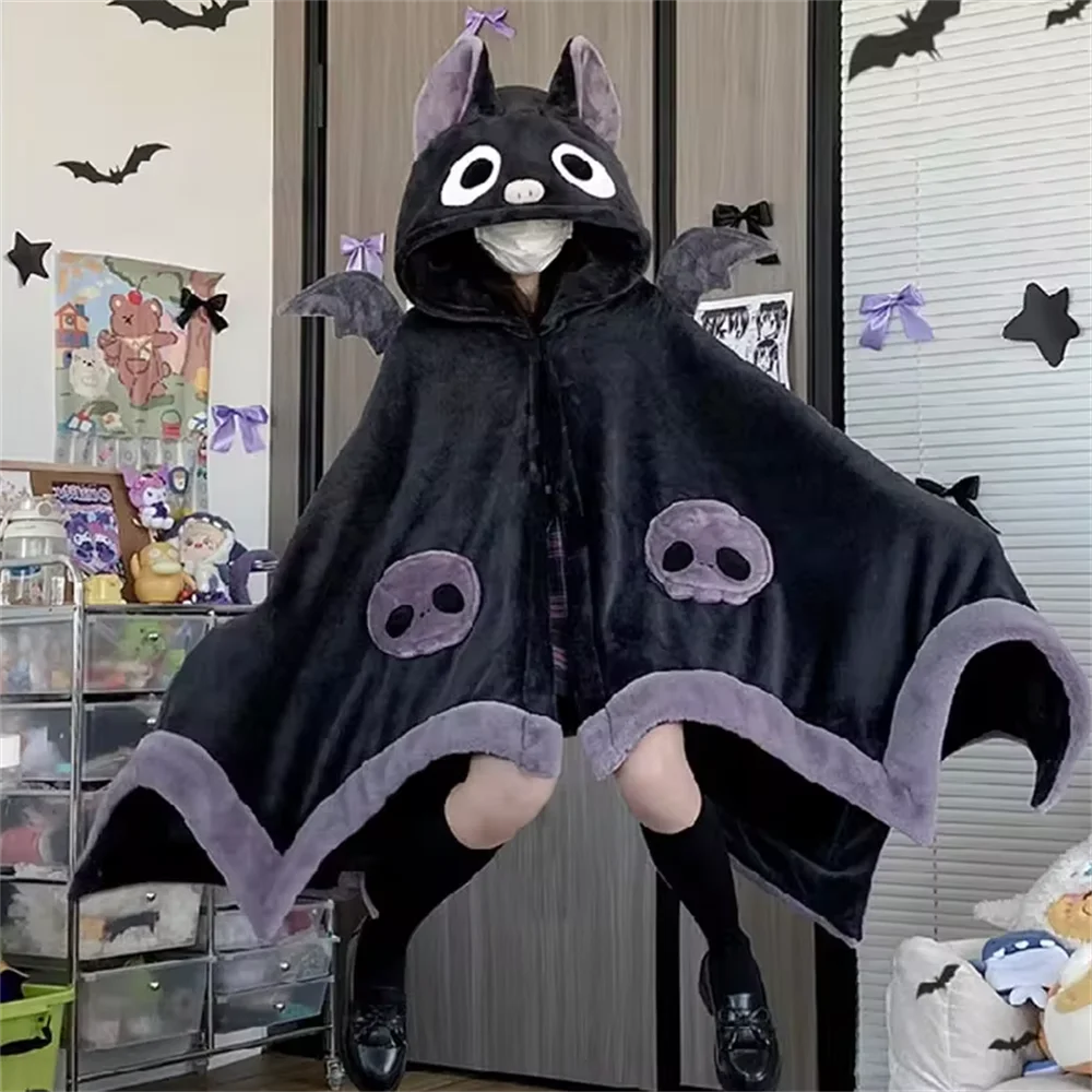 Pyjama en peluche Anime Kawaii Bat pour adultes, couverture Y2K, cape à capuche, ponchos d\'Hiver, Halloween, Everak, femmes