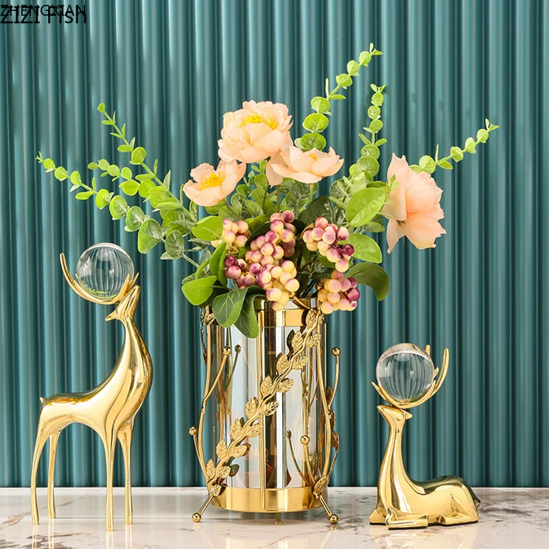 Crystal Ball Decorative Brass Deer Statue Desk Decoration Ornaments Creative Golden Deer Delicate Sculpture Room Aesthetic Decor