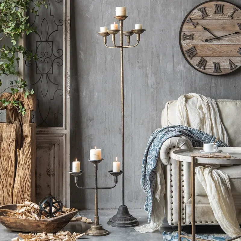 Vintage Wrought Iron Floor Candle Holder American Retro Style Tall Standing Candelabra for Living Room Bedroom Home Decor