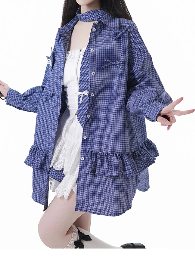 Fashion Highstreet Sweet Cool Preppy Style Polo Collar Bow Long Sleeve Single-Breasted Blouse Shirt Women High Waist Cake Skirt