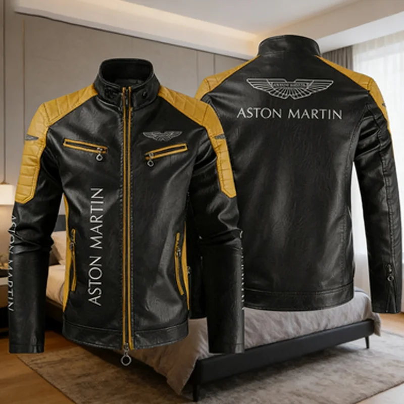 

Мужская кожаная куртка Slim Fit с воротником-стойкой, ветрозащитная, на молнии, с логотипом Aston Martin, для мотоциклистов