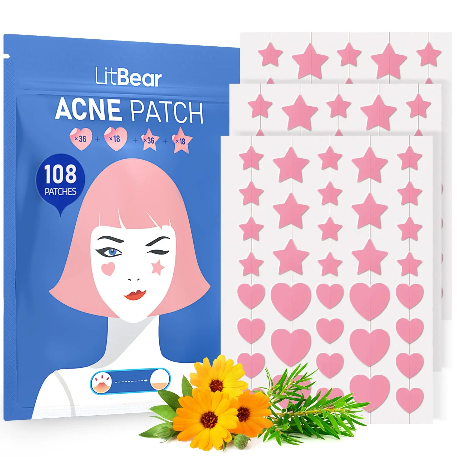 Parches para el Acné con Forma de Corazón y Estrella Rosados, 108 Unidades, Parches Hidrocoloides para Granos con Aceite de Árbol de Té y Centella Asiática para el Rostro