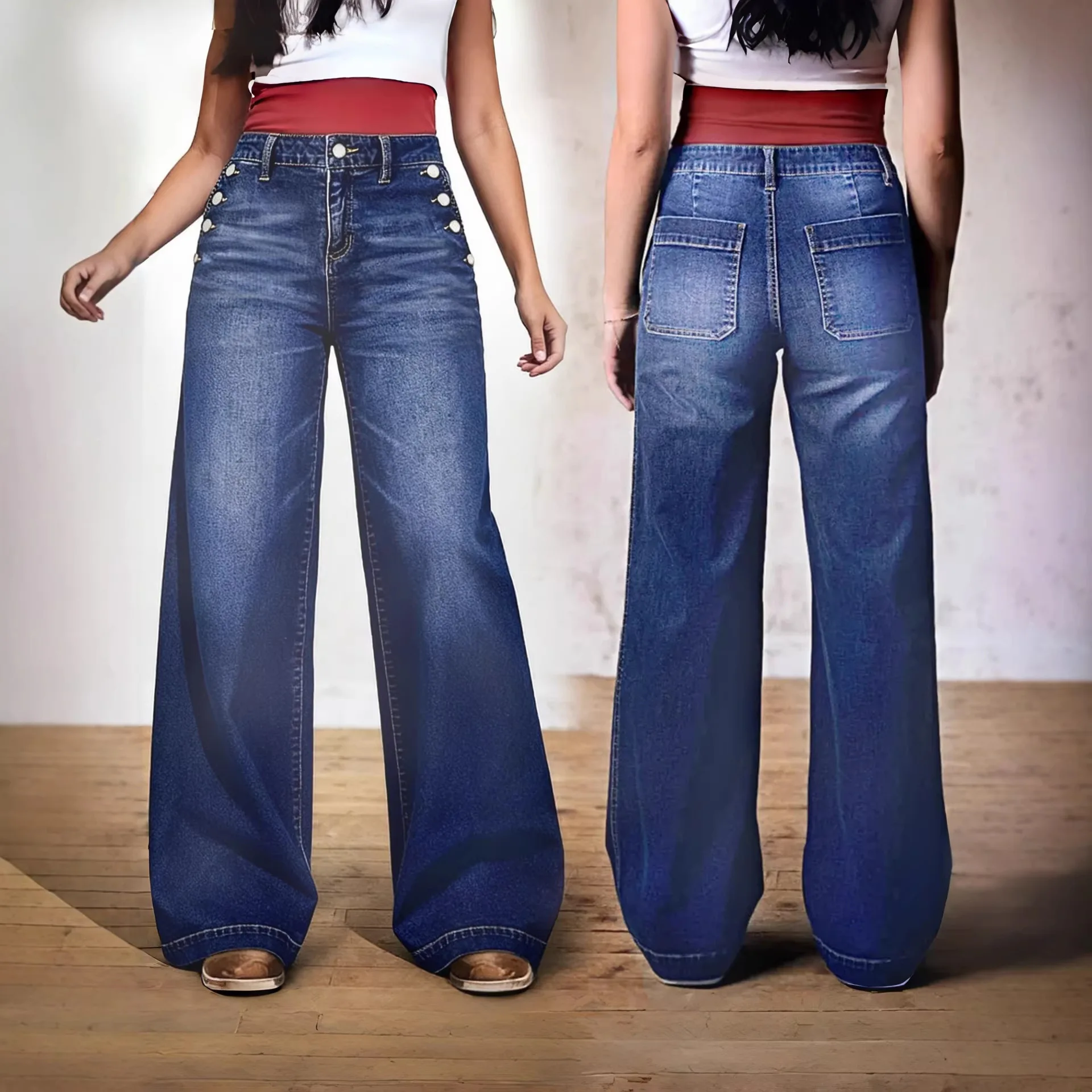 High Waist Bell Bottom Jeans Women's Retro American Style Side Button High Rise Slimming Long Pants All Seasons Versatile