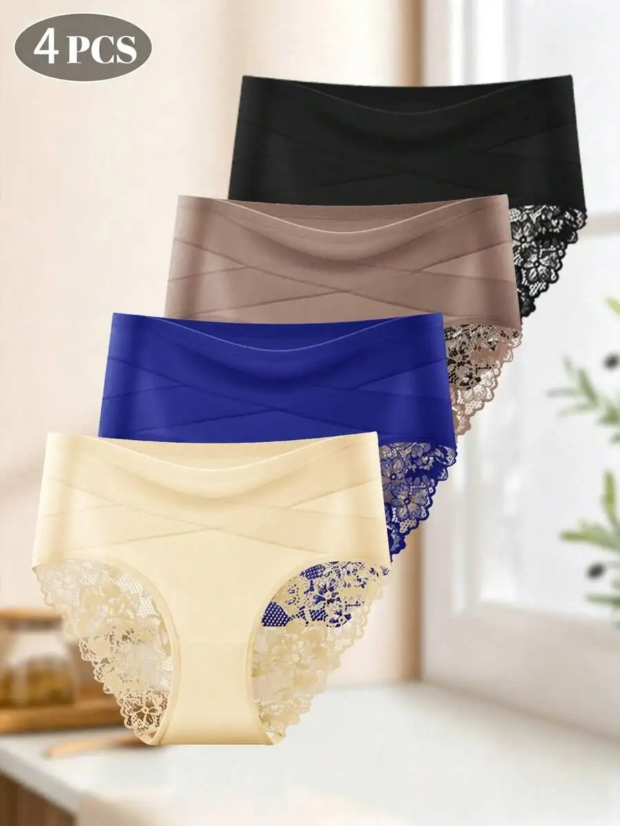 

4 Pieces Women High Waist Briefs Tummy Control Butt Lift Lace Trim Comfortable Breathable