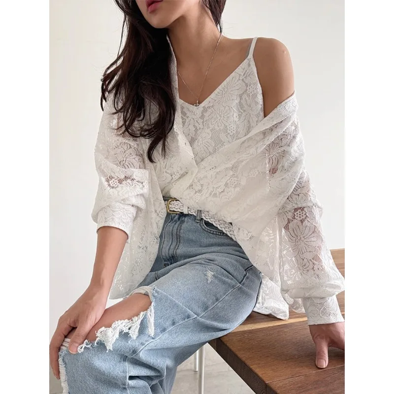

2025 Autumn New Polo Collar Hollow Loose Casual Lace Long Sleeve Shirt Women + Sexy Solid Color Camisole Two-piece Suit
