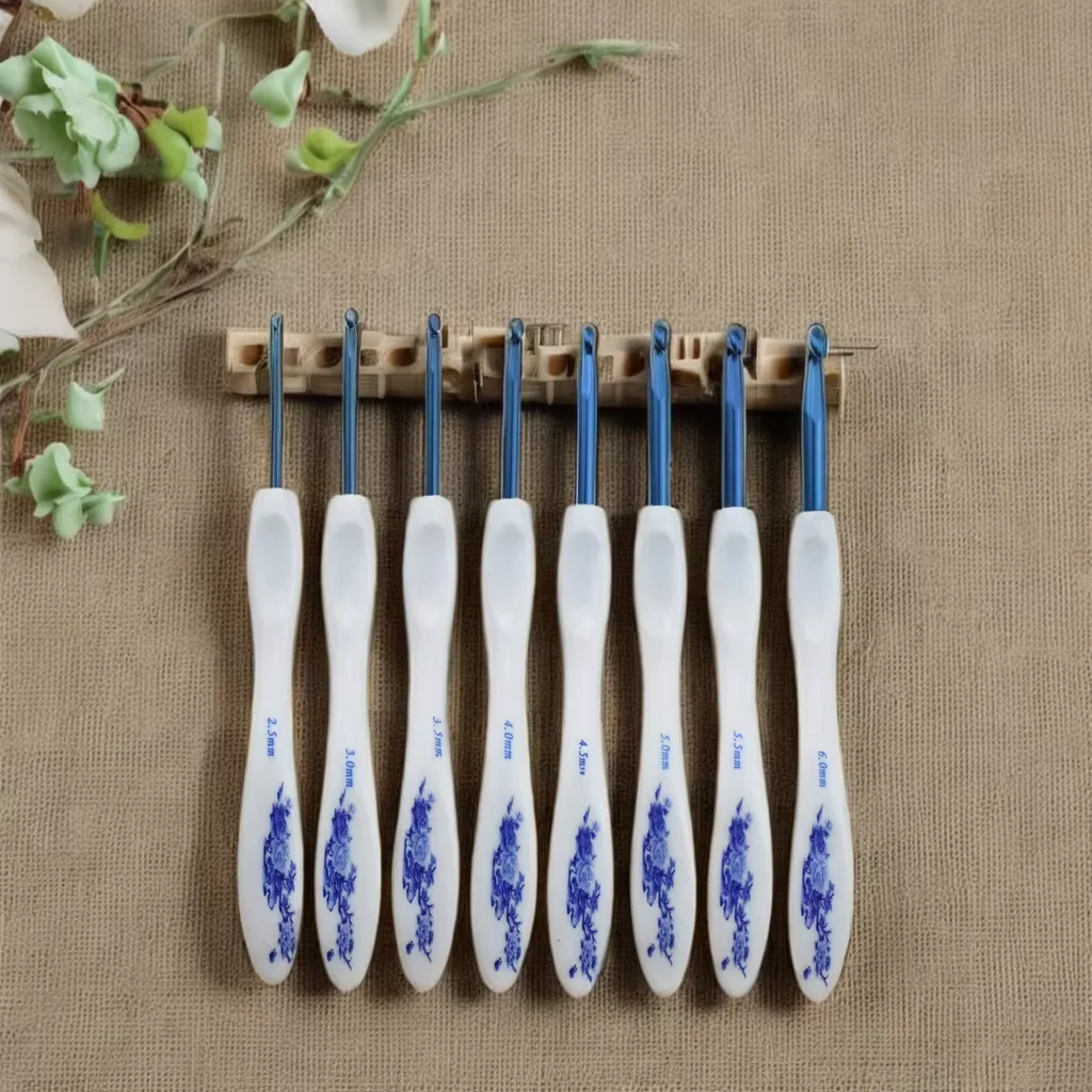 8 pieces per set. New-style crocheting hook set with blue and white porcelain pattern prints, DIY knitting needles for sweaters.