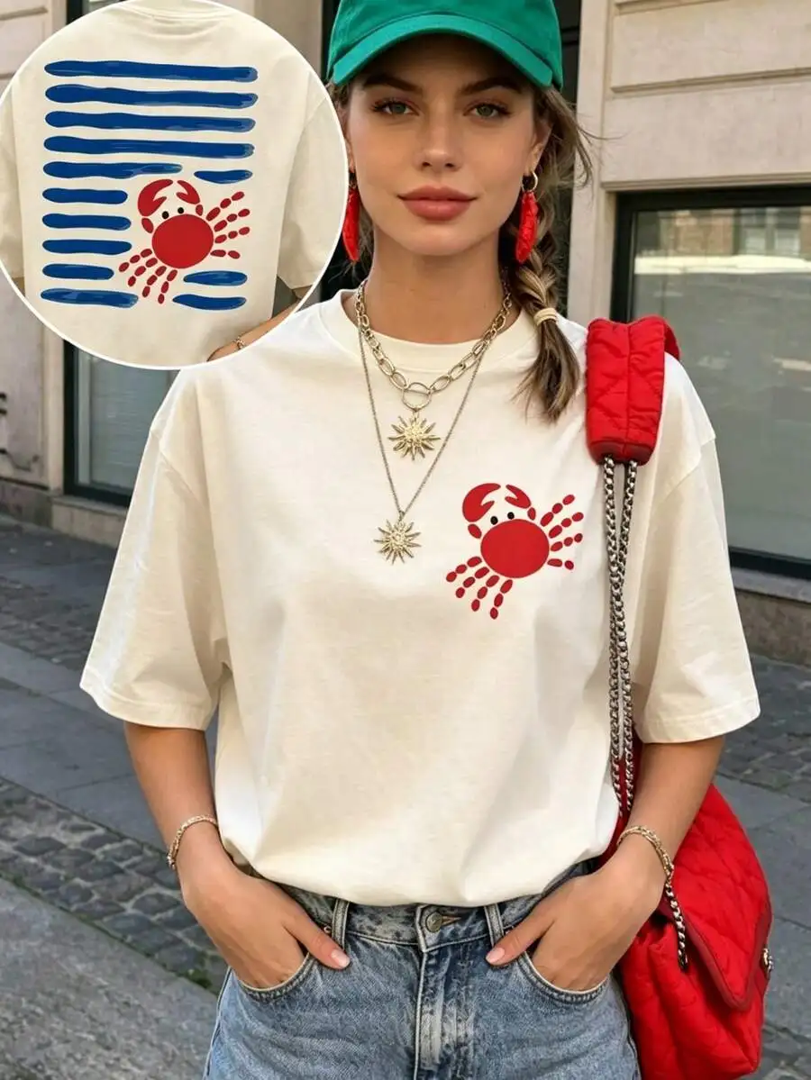 Spring And Summer Casual Women'S Tee With A Easy Crab Print Design, Featuring Short Sleeves And A Round Neck