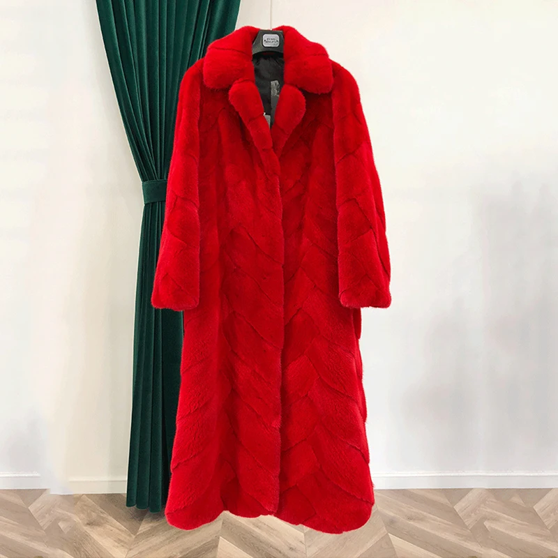 Ftangaiur 新冬輸入ベルベットミンクファーコート 長袖 レディース ターンダウンカラー 無地 エクストラロング 天然ミンクファーコート