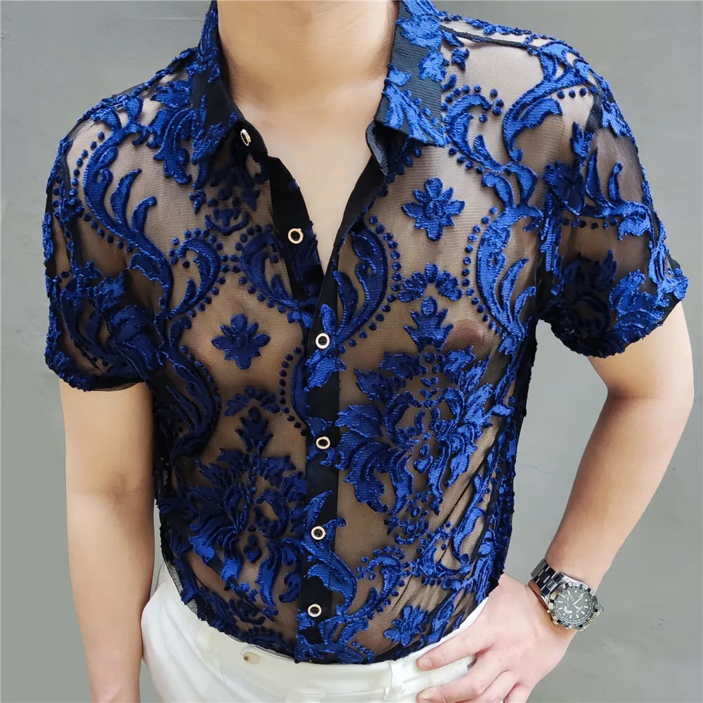 Green High Quality Transparent Floral Shirt Soft Velvet Slim-fit Men\'s Clothing Nightclub Short-sleeved Sexy Shirt See Through