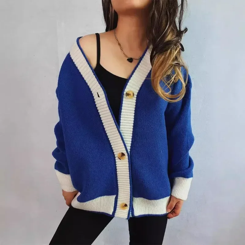 Korean Fashion Cardigans 2024 Autumn Winter New Plus Size Contrast Cardigan Sweater Coats Street Style Loose Knitted Cardigans