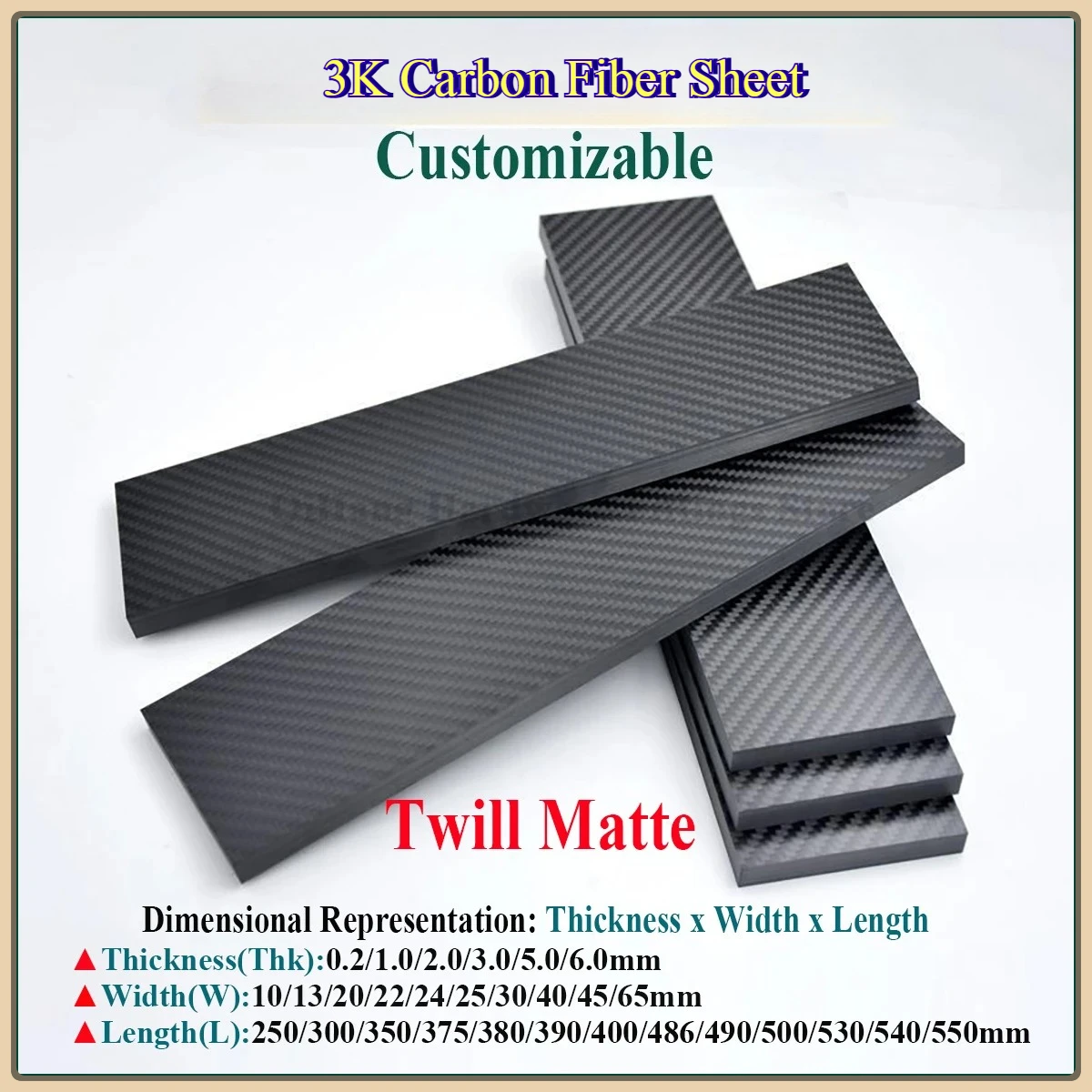 

1pcs Twill Matte 3K Carbon Fiber Sheet Plate High Strength Carbon Fiber Board CFRP Panel Flat Strip Thk0.2-6mm Customizable