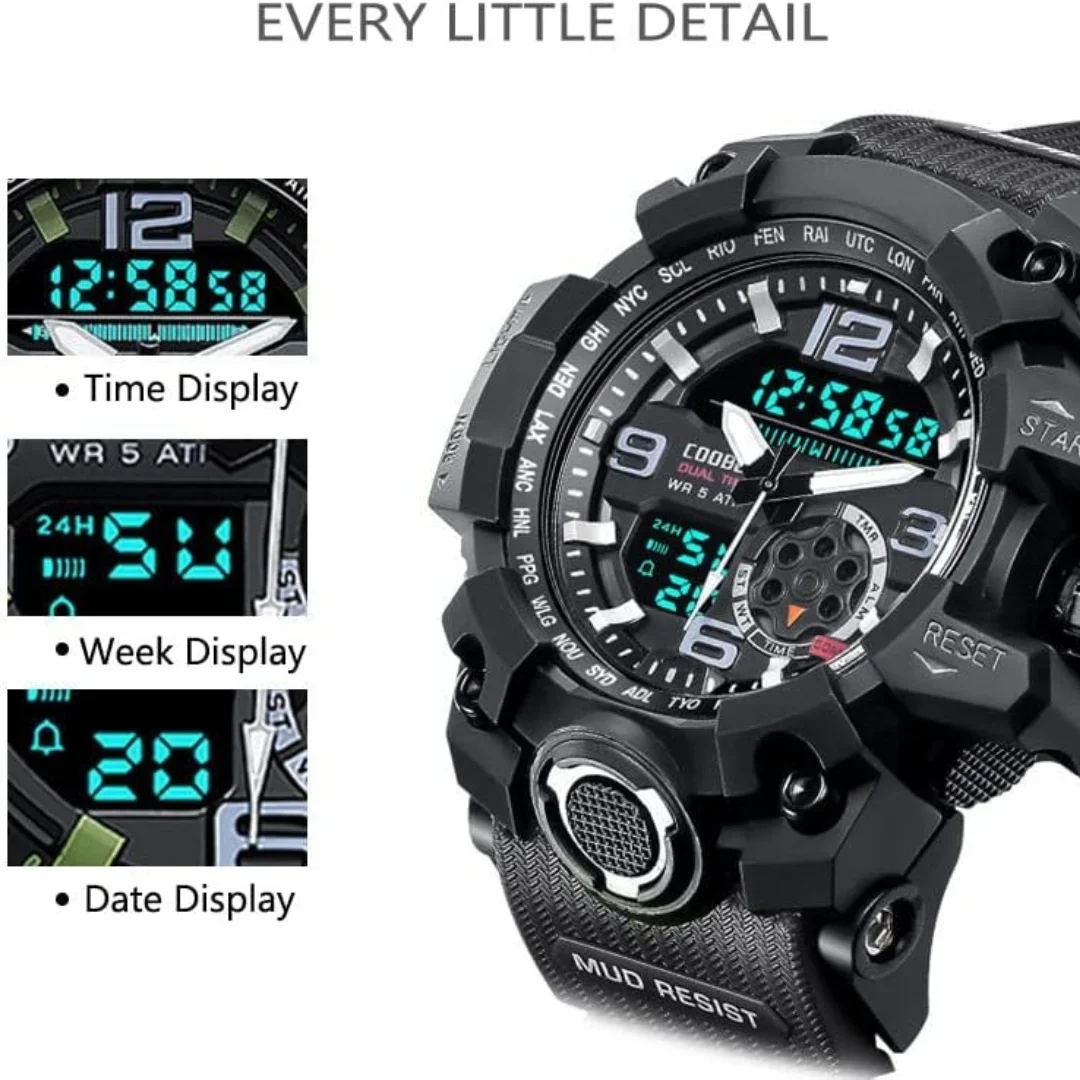 Dual Display Analog Digital Watch Multi Function Open Button Waterproof Men Watch Suitable for Sports and Running