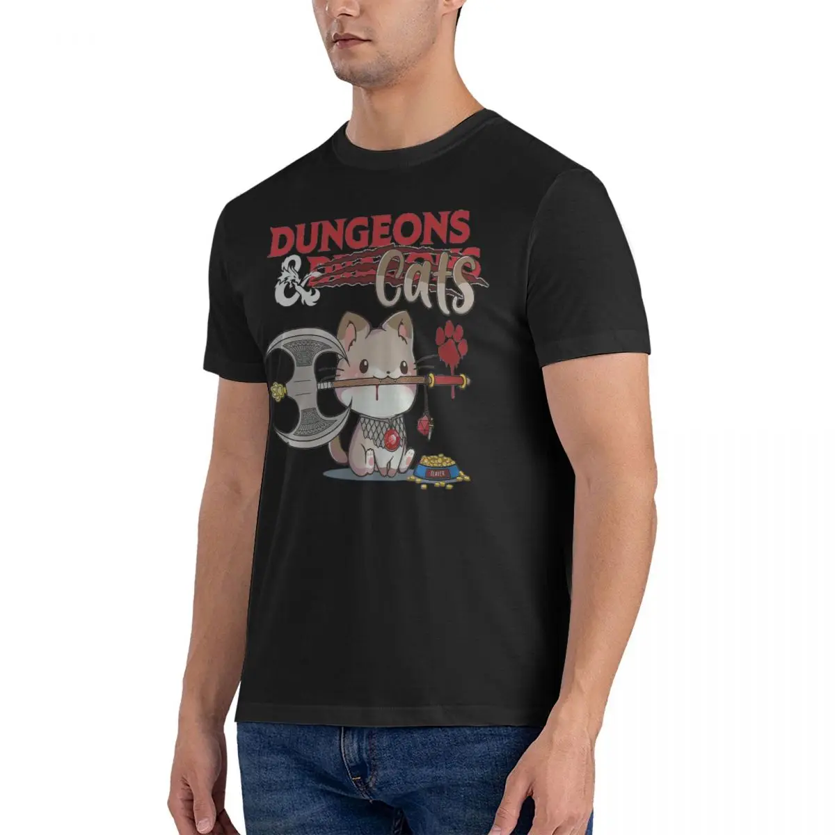 Vintage Dungeons Cats T-Shirts for Men Crew Neck Cotton T Shirts D-DnD Game Short Sleeve Tees 6XL Clothes