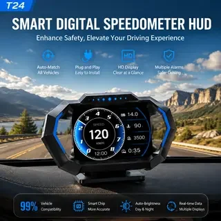 НОВЫЙ Умный цифровой спидометр HUD P24: автомобильный проекционный дисплей (HUD) с системой OBD+GPS, инклинометром, показателем расхода топлива и сигнализацией о превышении скорости