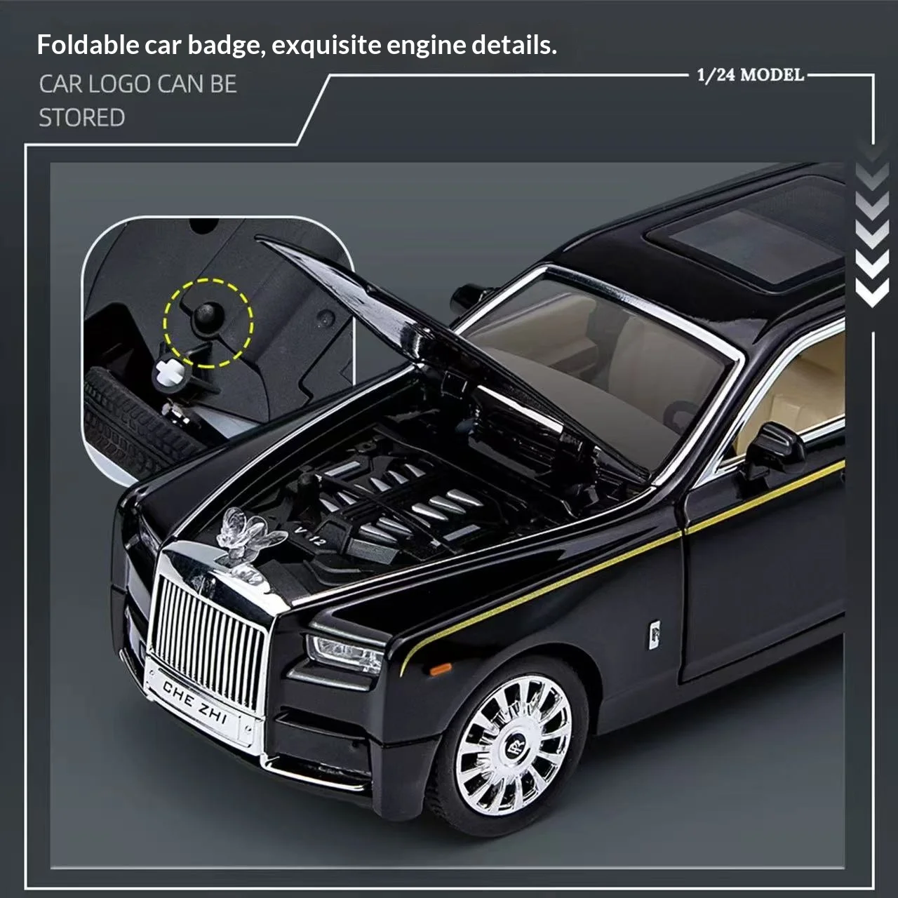รถโมเดล Rolls Royce Phantom ขนาด 1:24 ผลิตจากโลหะผสมสังกะสี แบบดึงหลัง มีเสียงและไฟ ของเล่นรถแบบหล่อขึ้นรูปเหมือนจริง