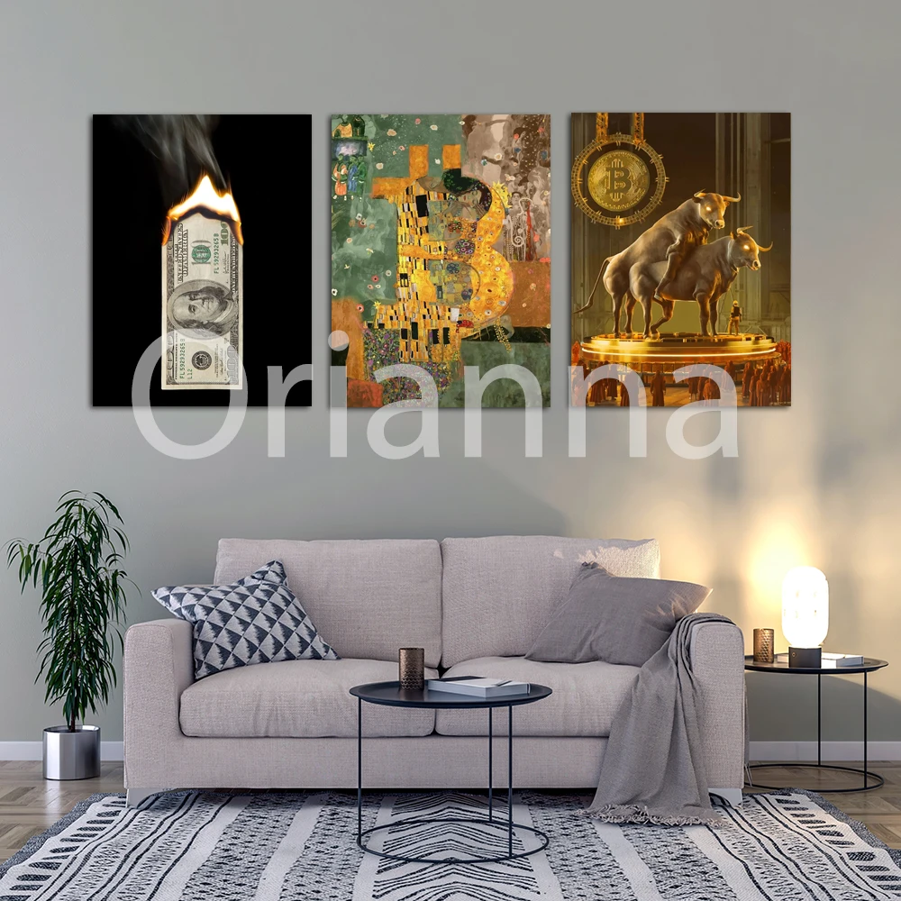 Bitcoin Blockchain Paint Poster,Halving Bull Run Artistic Prints,Bitcoin Kiss Klimt Wall Art,Money Talks Canvas Painting Decor