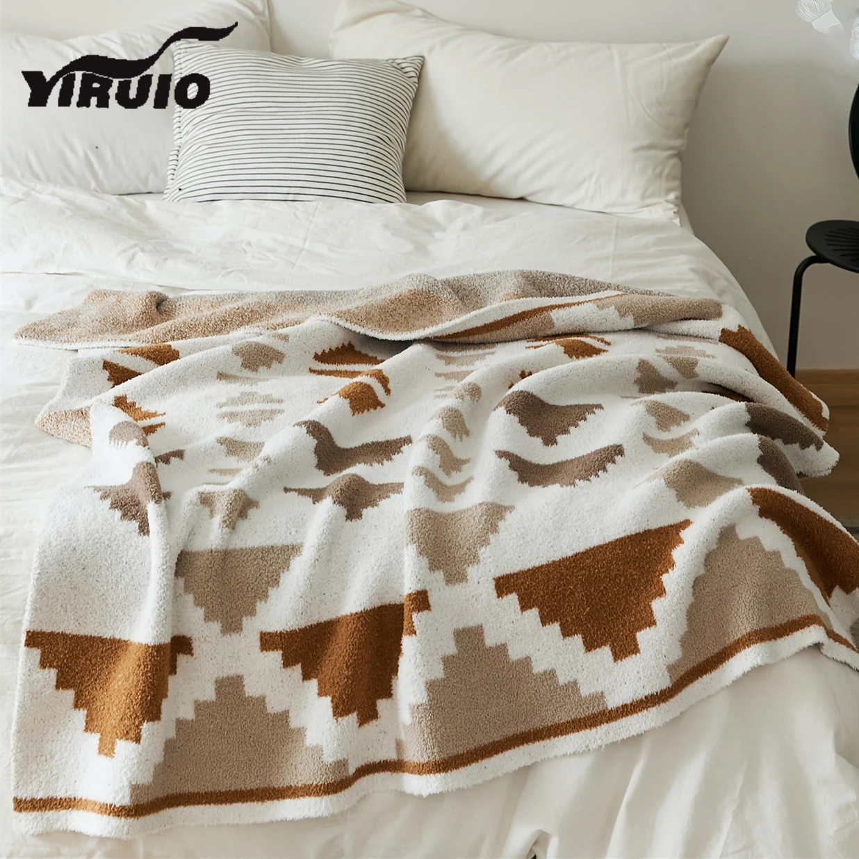 

YIRUIO Downy Beige Blanket With Colorful Hills Jacquard Cozy Soft Warm Microfiber Knitted Decorative Throw Blanket For Bed Sofa