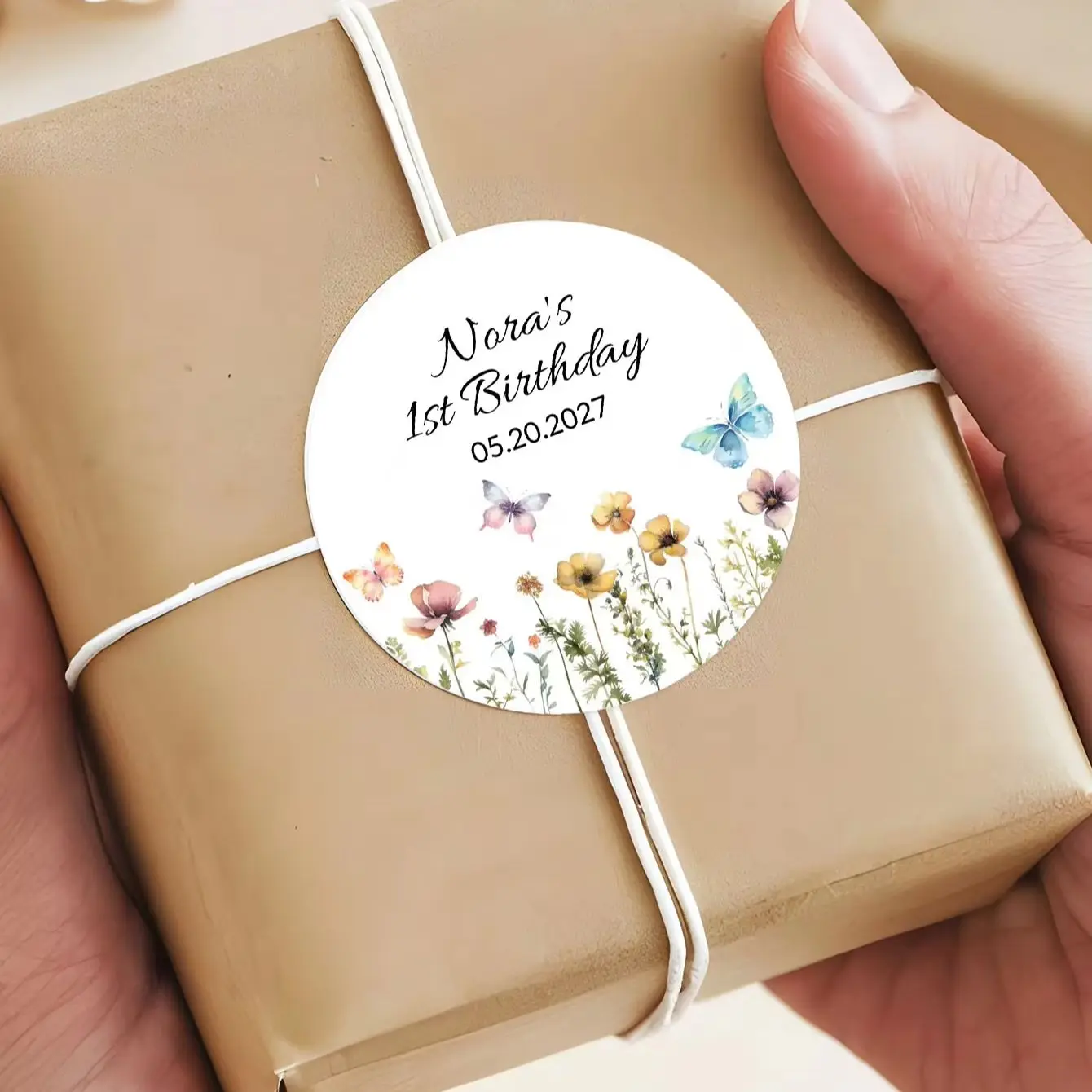 1‑96Pcs Round Personalized Custom Text Stickers, Watercolor Butterfly Flower Labels for Celebration Favor & Gift Packaging