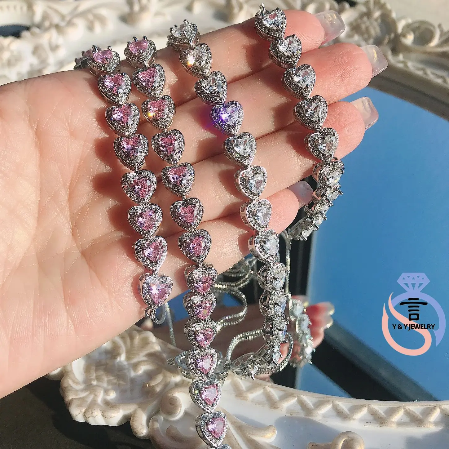 

Y&Y Bright Princess pink jewel bracelet Heart type 5A Zircon girl gift classic elegant choker