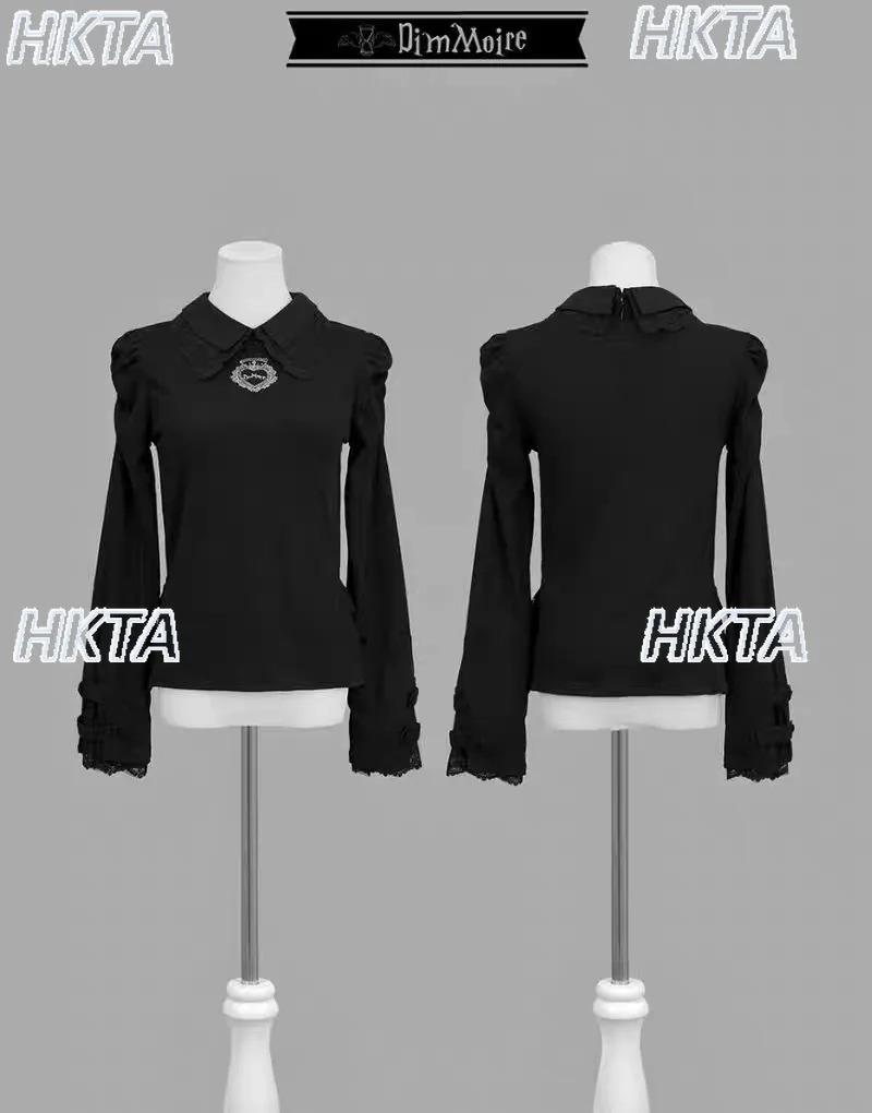 Japonais Harajuku Punk foncé Lolita produit en série maille brodée Patchwork chemise de Base noire hiver nouveau T-Shirt à manches longues haut