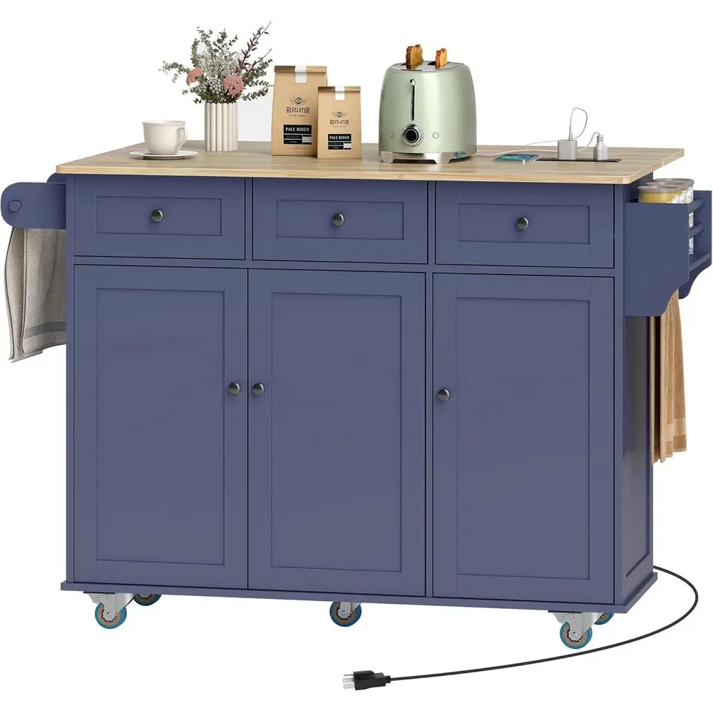 

Кухонный островок с откидной столешницей, передвижной тележкой для хранения, столом из массива дерева на колесиках, 3 ящиками, держателем для полотенец, полкой для специй, синий