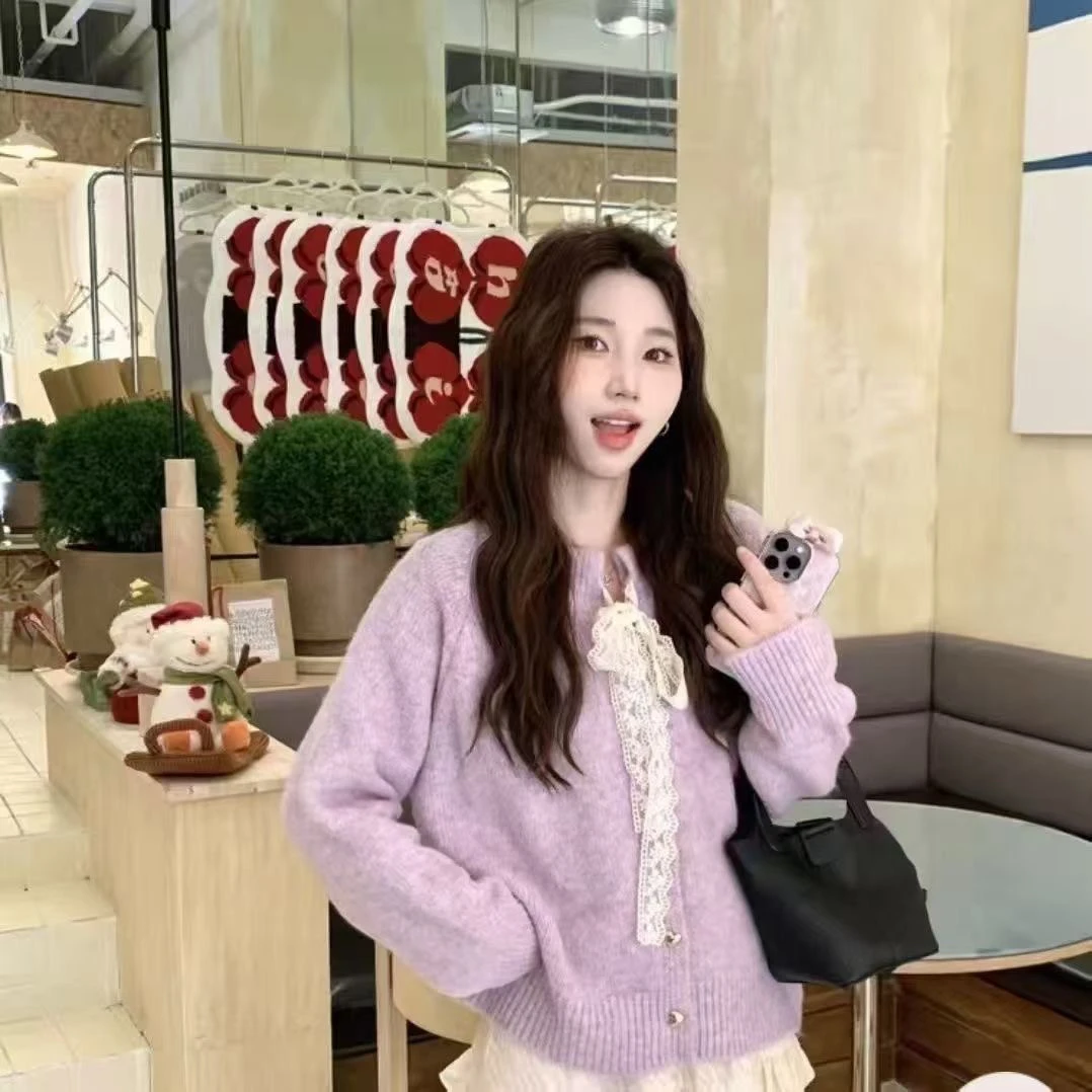 

Женский кардиган-свитер на весну-осень больших размеров с кружевным поясом и узлом, теплый, с круглым вырезом, длинными рукавами