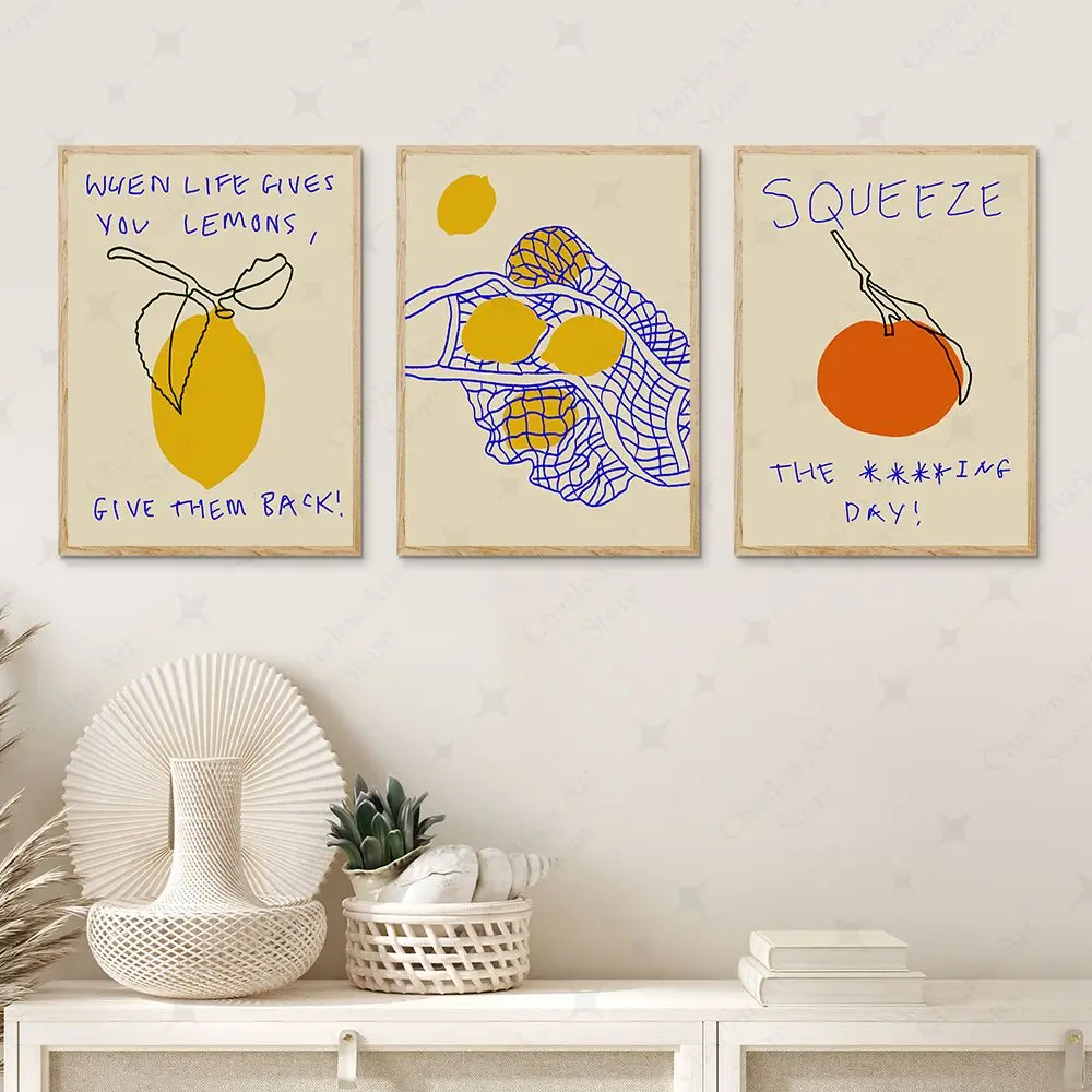 Lemon in bag Poster Orange Print Fruit in Net Food Poster Colourful Mid Century Kitchen Wall Art Canvas Painting Room Wall Decor