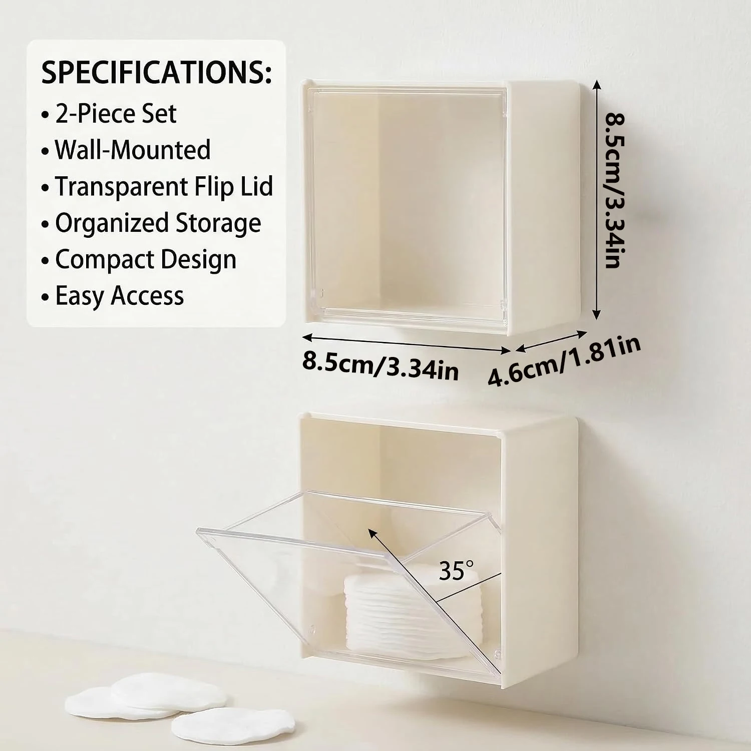 2PCS Wall Mounted Cotton Pad Holder Dispenser Set, Bathroom Storage Box for Pads, Balls, Floss, Hairpins, Rubber Bands and Clips