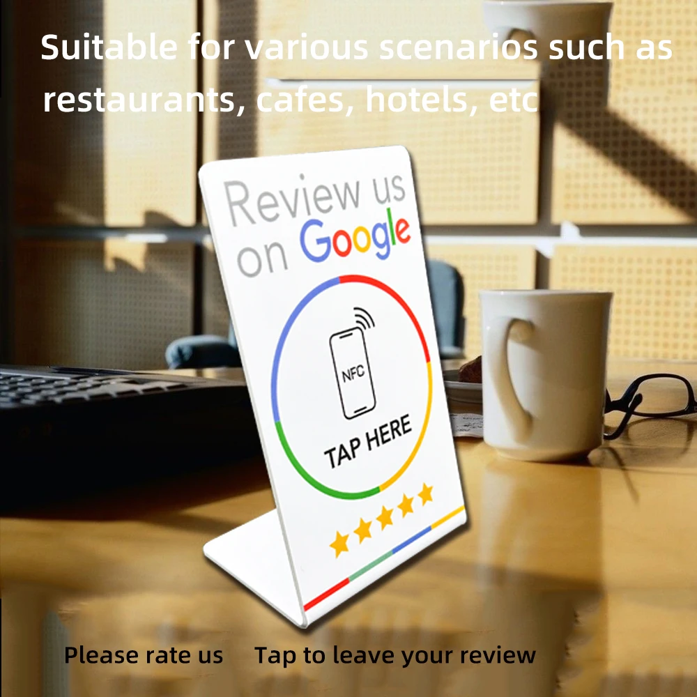 13.56Mhz programmable Google Review Card NFC station table NFC Google Reviews display bending card standing brand bracket