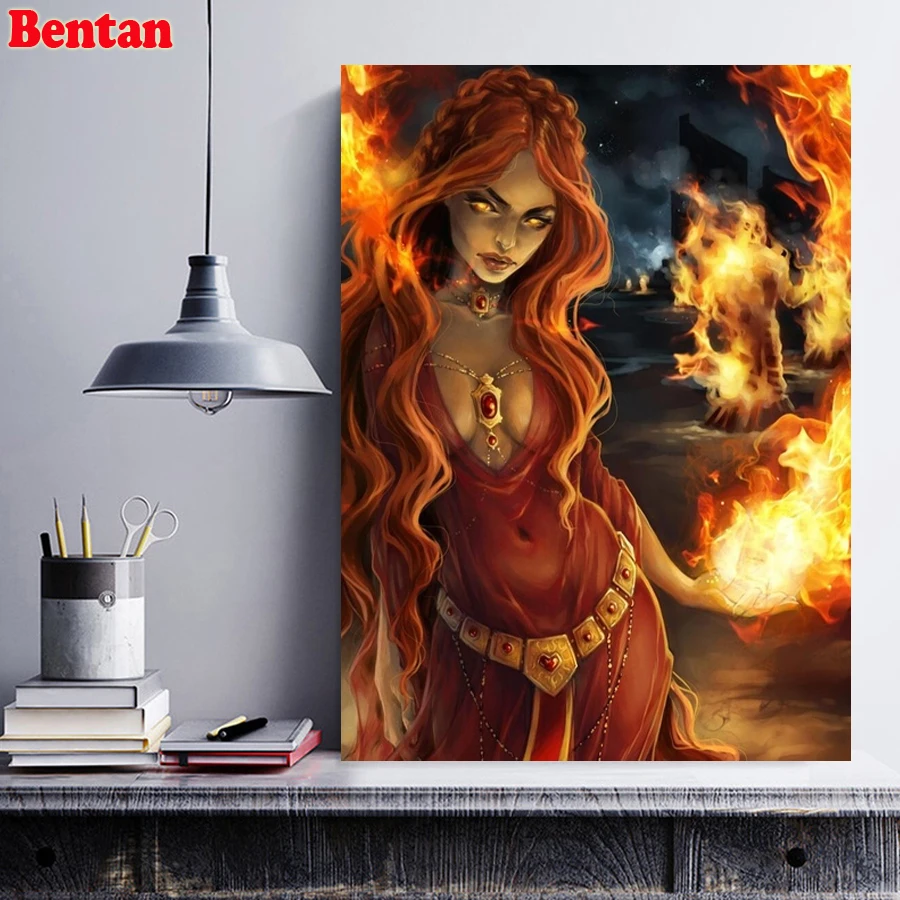 Full Square Diamond Embroidery Cross Stitch Fantasy Flame Magic Girl Mosaic Diamond Painting Kit Rhinestone Pictures Home Decor