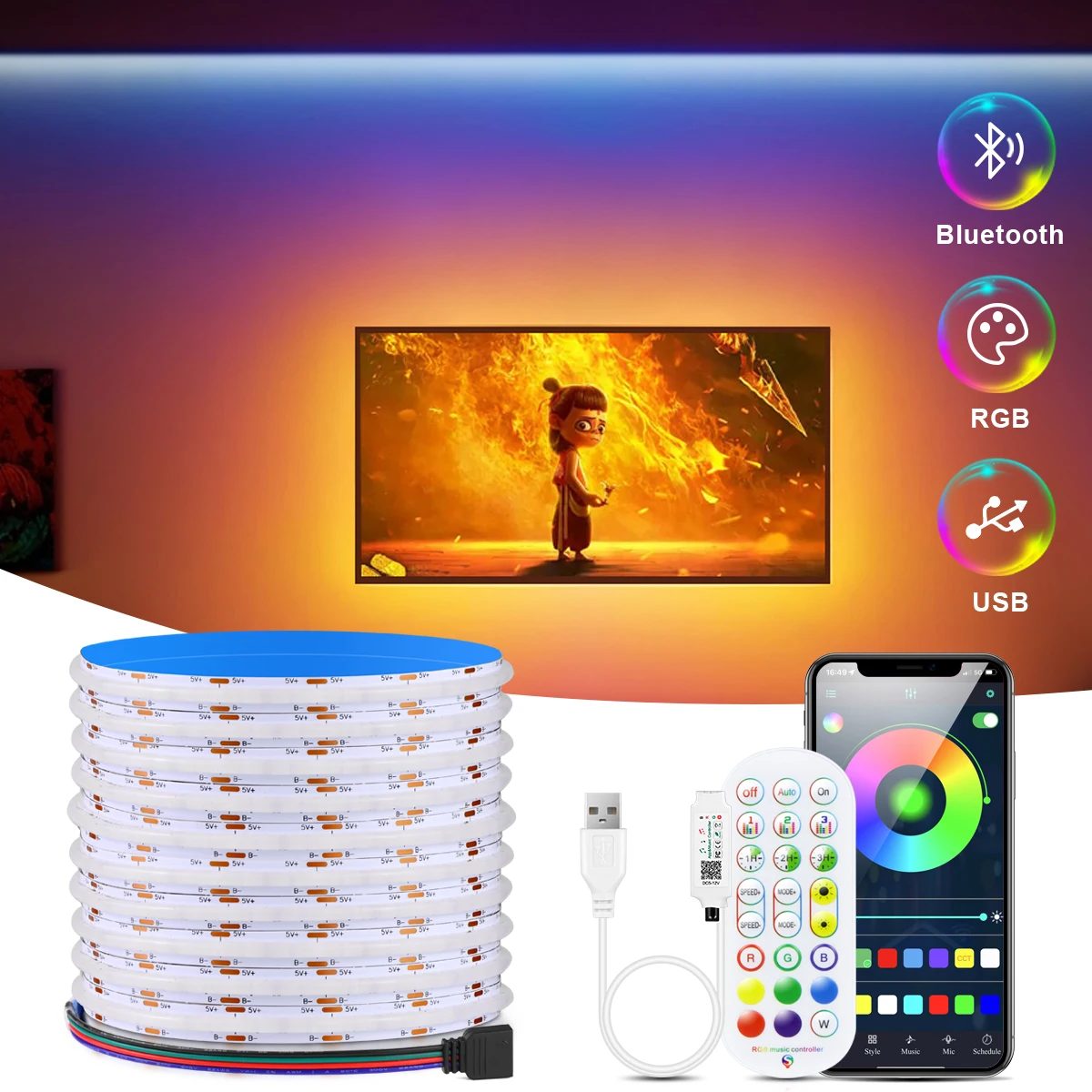 5V USB Powered RGB COB LED Strip Light Bluetooth APP Remote Control Linear Dimmable Tape RA90 Music Mode Room TV Blacklight Deco