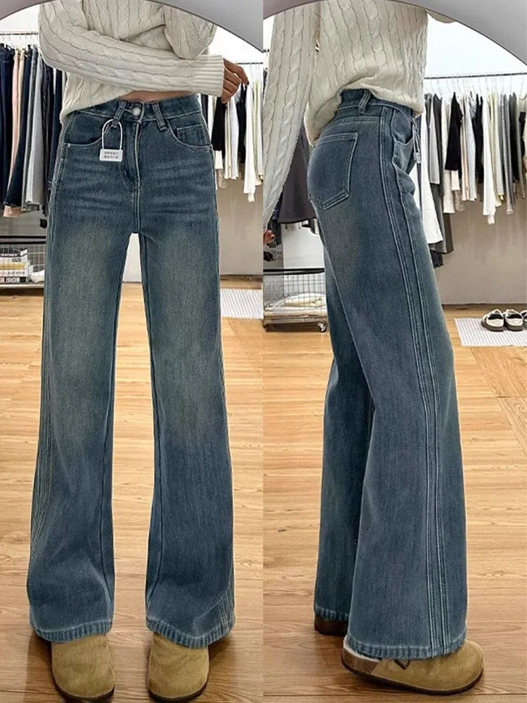 

Джинсы с прямыми штанинами American Sle, женские свободные утягивающие широкие брюки больших размеров для груши, повседневные длинные брюки с высокой талией...