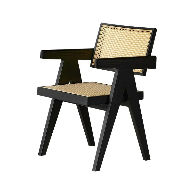 

Wabi Sansan Solid Wood Dining Chair Rattan with Armrest Black Ash Wood Household