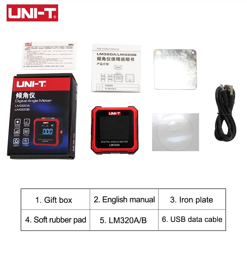 Imagem -06 - Uni-t-digital Transferidor Medidor de Ângulo Eletrônico Inclinômetro Magnético Caixa Cônica Luz de Fundo Lm320a Lm320b