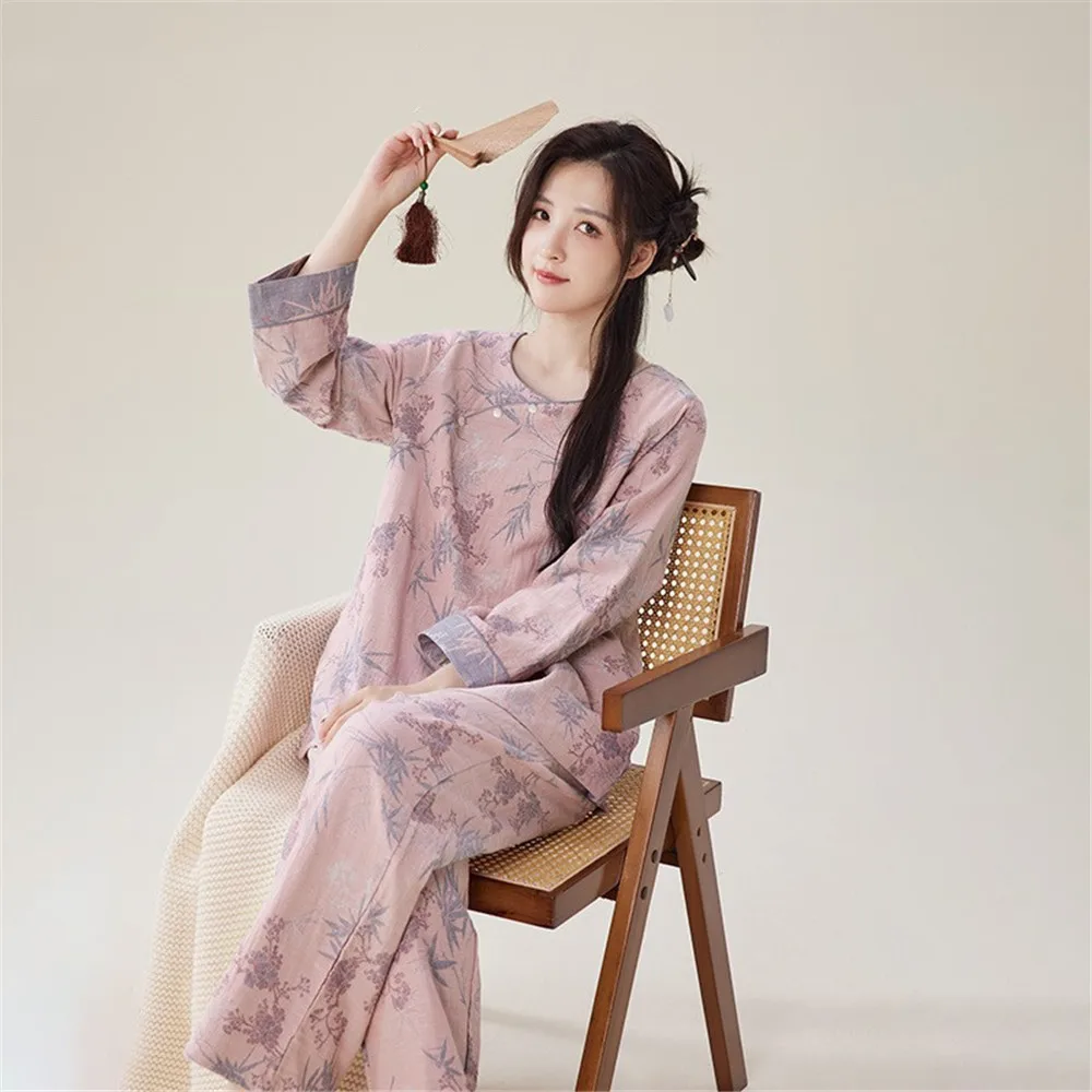 

Jacquard Cotton Double-layer Gauze Chinese Women's Homewear Soft Spring Summer Long-sleeve Pullover Pants Lace Pajama Clothes