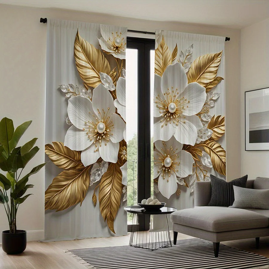 2pcs Gold and White Floral Print Sheer Curtains – Rod Pocket Design for Living Room Bedroom and All-Season Patio Doors